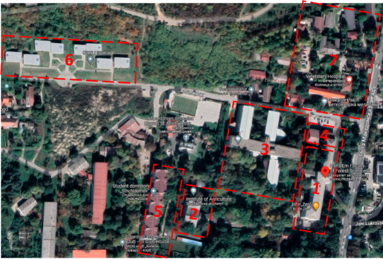 Aerial view and modeling of the SS. Cyrilus Methodius University, Skopje © GoogleMaps